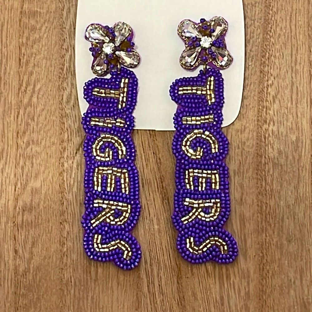 🎉💜 Purple Gold Beaded Crystal Tiger Earrings LSU